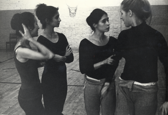 In Judson basement, rehearsing for Three Page Sonata for Four (1967); left to right: Margery Tupling, Rudner, Tharp, Wright; photo by Robert Propper.